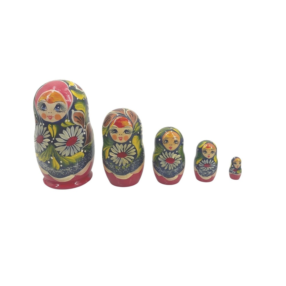 Unbranded Matryoshka Nesting Dolls 4in Red Wood Vintage Floral 5pc Set